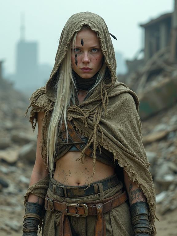 Photorealistic portrait of a wasteland huntress in her 30s. Tall and lean with dirt-covered survival wear. White hair mostly under a hood. Background features a ruined city. Expression is cold and feral. Captured in cinematic style.
