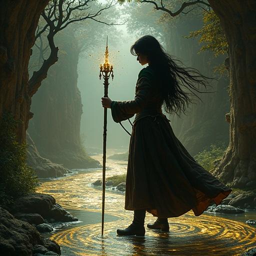 Silhouette of a black-haired mage-woman in leather outfit with high canvas boots. She casts wind magic over a winding river in a dim room. A mother-of-pearl sheet with fluorescent patterns lies beneath her. She holds a scepter made from mother-of-pearl. Intricate elements include a tiger, a kneeling guard, a spaceship, an awakening dragon, a mysterious face, and dolls. The scene blends various artistic styles.