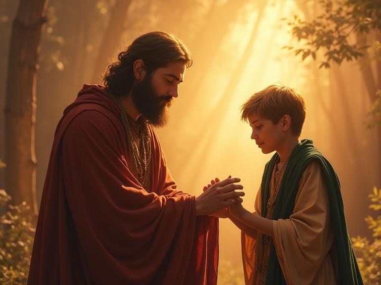 Enoch helping a villager. Divine light shines on them. Both have serene expressions. Realistic style. Warm tones. Image in 9:16 aspect ratio.