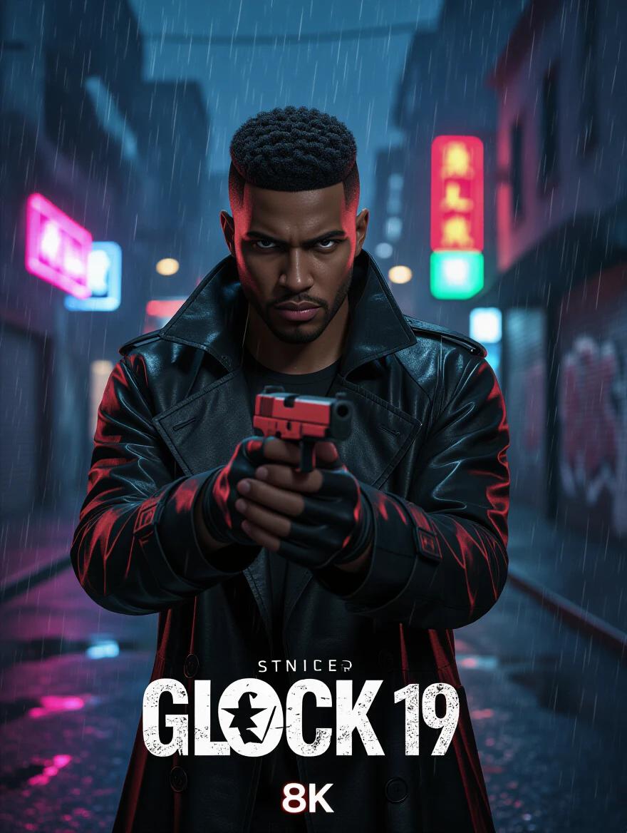 A young Black man with a sharp fade haircut wears a long black trench coat. He holds a Glock 19 in both hands, finger off the trigger. Atmosphere dark and moody with heavy rain at night. Neon signs reflect on wet asphalt in a dystopian city. Expression intense yet weary with eye lighting from street lamps. Ultra HD 8K with photorealistic skin textures and visible breath in cold air. Background features a blurred, decaying urban environment with graffiti and flickering lights. Style resembles Blade Runner meets John Wick.