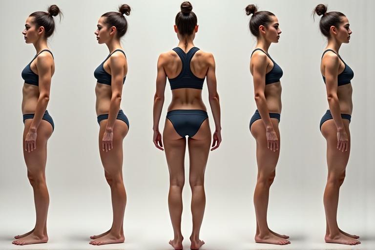 Mujer atlética en ropa deportiva con múltiples poses en diferentes ángulos. Cuerpo delgado y tonificado. Detalles de medidas y características físicas particulares. Iluminación suave y fondo neutro.