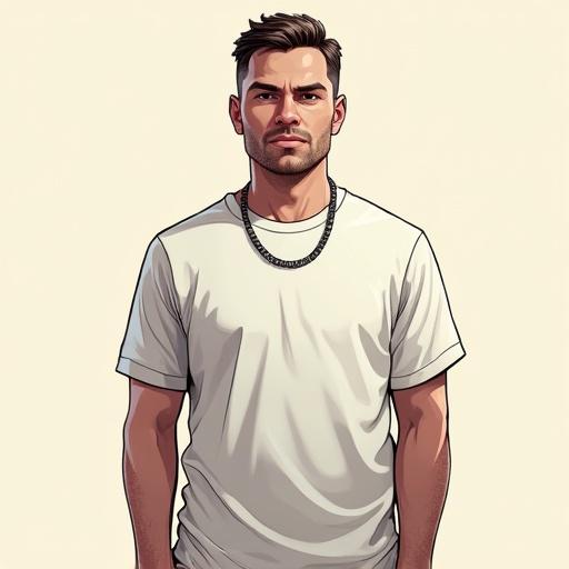 Digital illustration of a male character in a solid color t-shirt. Character facing directly at the camera with no accessories. Style resembles Grand Theft Auto artwork. Simple, clean, minimalistic background. Upper body visualization in a comic art manner.