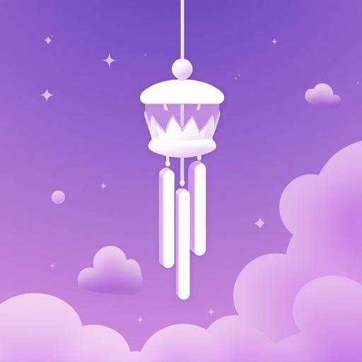 Design a simplistic favicon featuring a lofi windchime. Use white color against a purple and cloudy sky background. The design should be minimal and easy on the eyes.