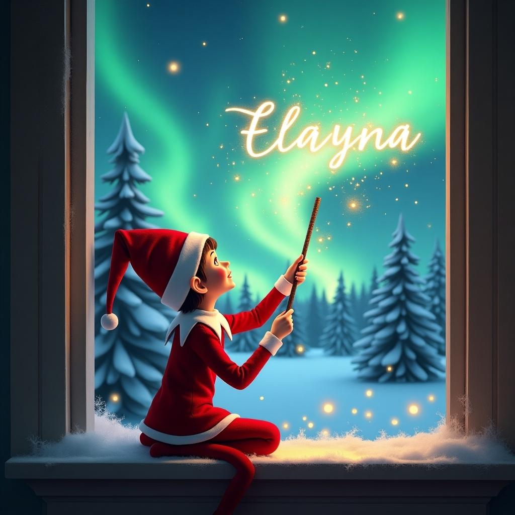 The image showcases a charming scene featuring an elf on the shelf. She sits on a windowsill, back turned to the viewer, dressed in a bright red outfit with white trim. With a magical wand, she creates sparkling letters that spell 'Elayna' while gazing at the mesmerizing northern lights outside. The background reveals a winter wonderland, complete with snow-covered pine trees, enhancing the holiday ambiance. The soft, colorful glow from the aurora and twinkling sparks adds a mystical touch to the festive setting.