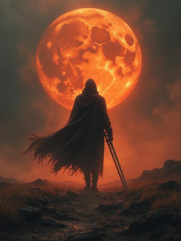 A figure stands in a dark landscape. A large orange moon looms in the background. The figure wears a cloak and holds two swords. The scene conveys a sense of tension and determination.