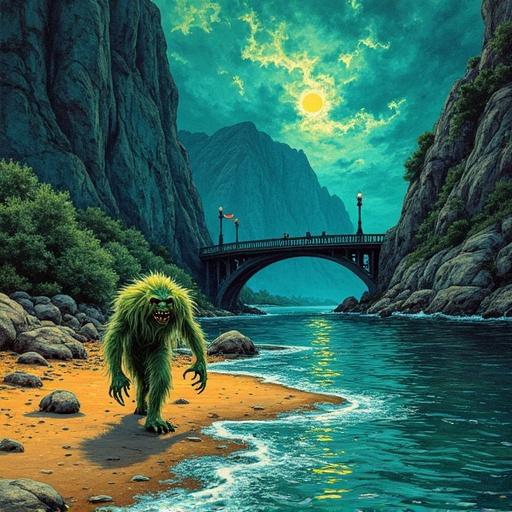 A green troll walks along a sandy beach. The scene is set under a dramatic sky with rolling clouds. A bridge arches over the water in the background. The environment is influenced by alcohol ink glasswork and ebru marble painting techniques. The colors are vibrant, featuring cobalt blue and tangerine.