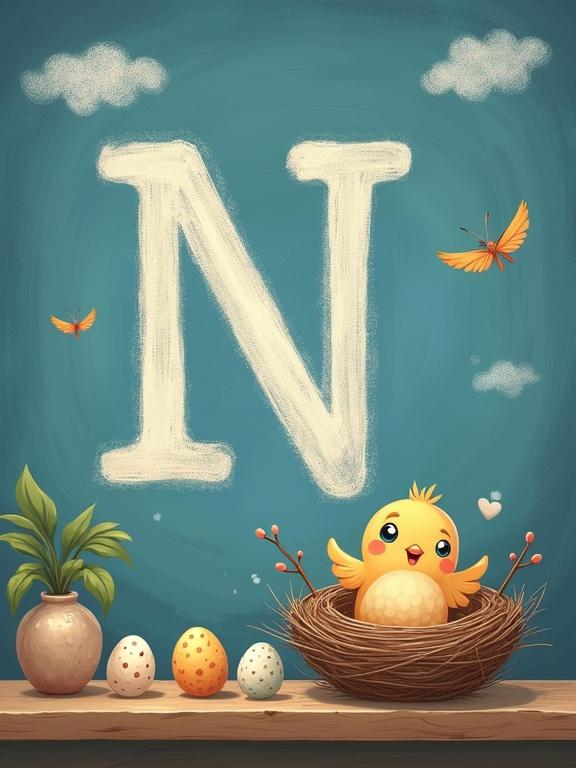 Cozy cartoon illustration of a sky-blue chalkboard. Friendly letter N drawn in soft brown chalk with big round eyes and tiny bird-like wings. Little nest with three speckled eggs and a smiling baby bird peeking out. Charming details include chalk-drawn twigs and leaves, fluffy feathers floating, and a wooden chalkboard frame with doodled clouds. Warm pastel colors, gentle lighting, textured chalk strokes, spring classroom vibe.