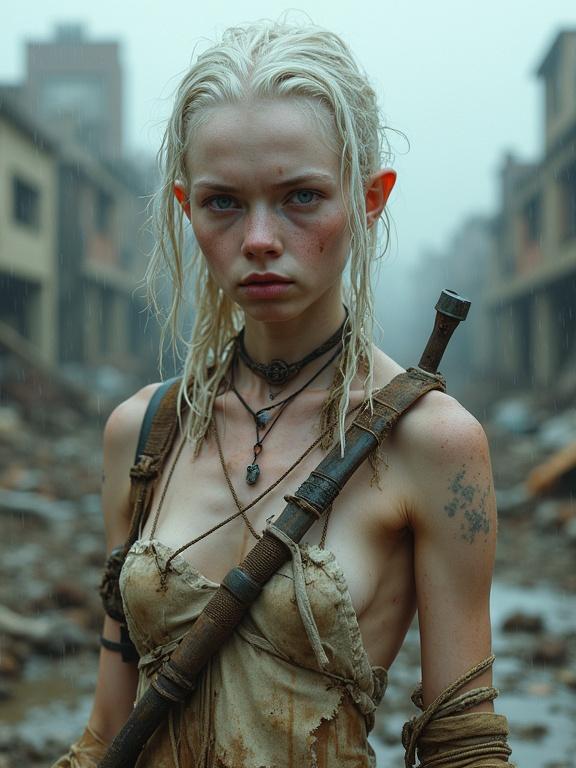 Photorealistic image of a young albino woman in a wasteland setting. She has lean muscles and pale skin, dirt streaked on her body. Her hair is dirty and tangled with debris. She wears effective but minimal clothing made from scraps. Her expression shows exhaustion and strength. The background features ruined urban scenery under an overcast sky with rain.