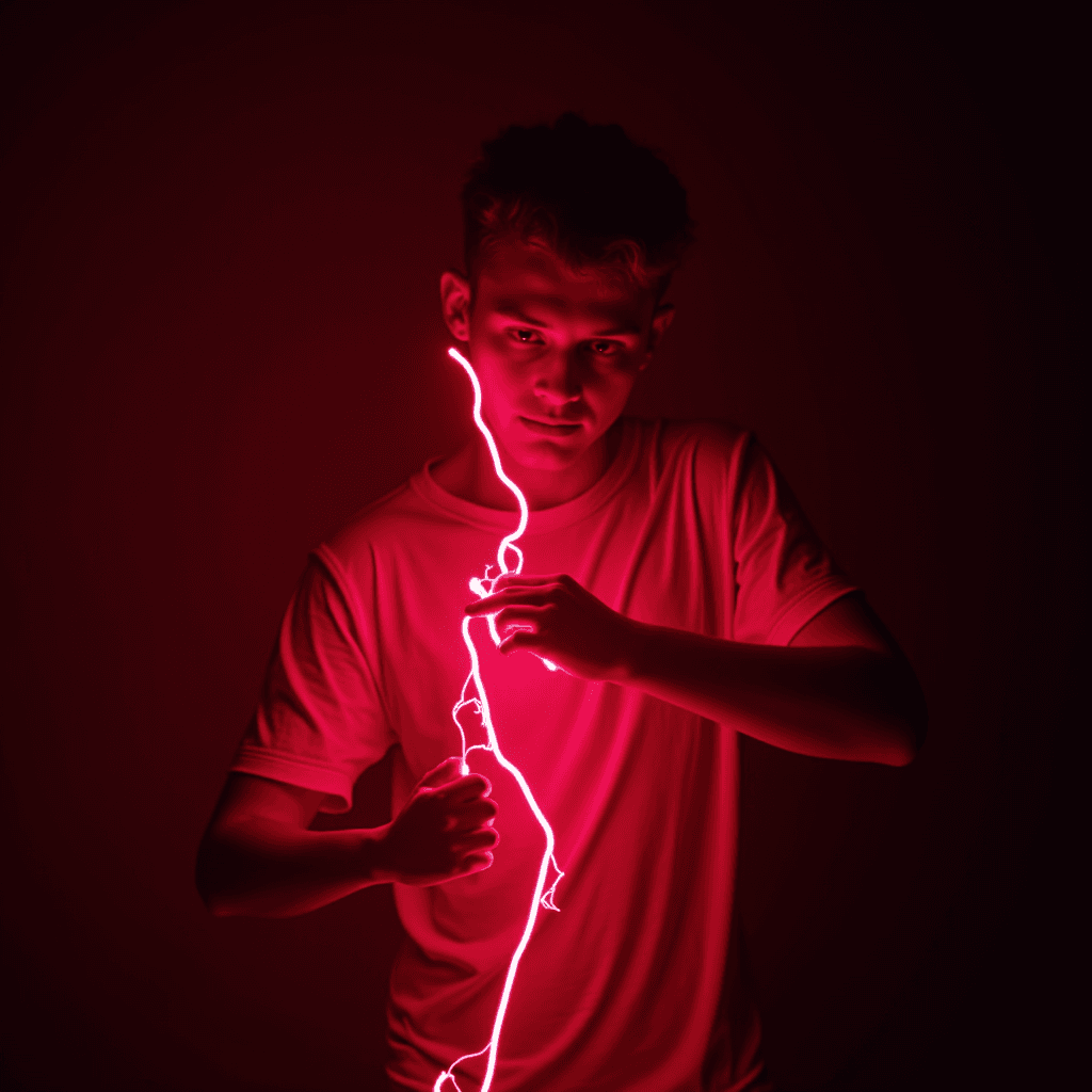 A person in a red-lit room holds a bright pink neon light.