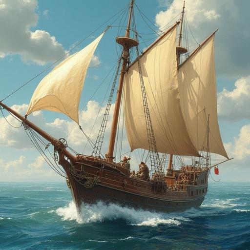 A detailed depiction of a majestic ship sailing smoothly on the ocean. The ship features multiple sails and captures the beauty of maritime adventure. Bright blue skies and sunlit waves surround the ship, reflecting a serene atmosphere.