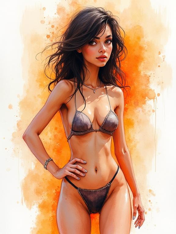 Artwork showcasing a woman in a bikini styled in a vibrant watercolor format