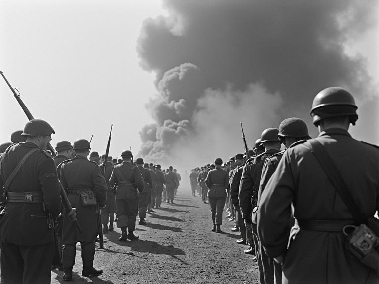 Image depicts a line of soldiers in military uniforms marching towards smoke. The scene captures a historical moment reflecting military tension during a significant period of World War II.