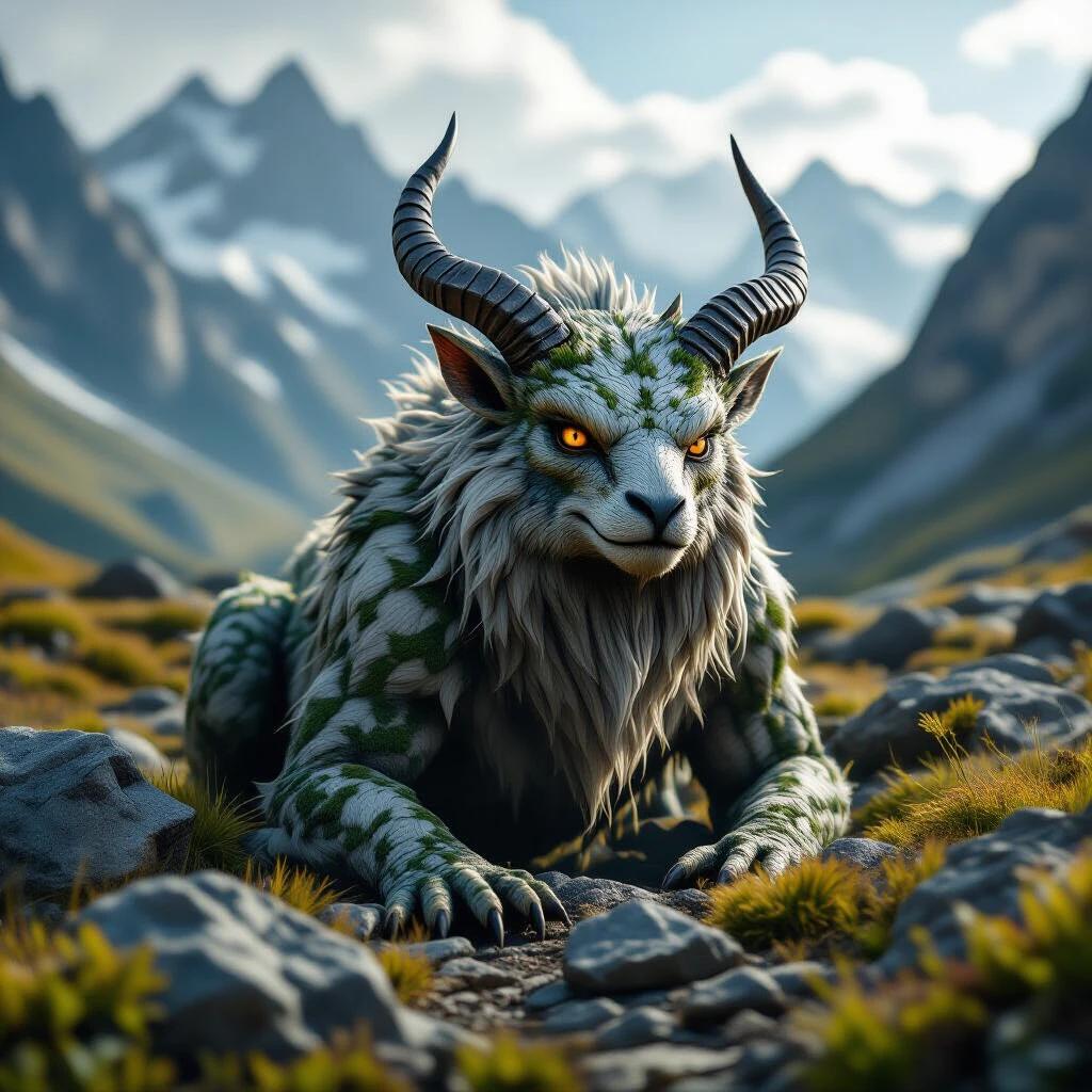A mythical creature with green moss-like patterns. The creature has large horns and a furry body. It blends into a rocky mountainous landscape. Majestic mountains in the background under clear skies. Hyper-realistic art style with a focus on detail and light.
