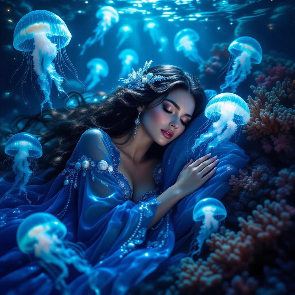 A stunning sea witch sleeps in the deep ocean. She is surrounded by luminous jellyfish and ancient corals. Long hair floats around her like seaweed. A mysterious deep-blue robe covers her. Robe adorned with seashells and pearls. Ethereal light illuminates gently. The ocean glows with mystic blue hues. Capturing underwater dreamscape.