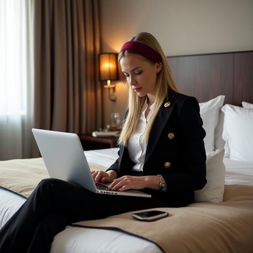 Hyper-realistic image of a businesswoman sitting on a hotel bed with a laptop. Long straight blonde hair held back with a burgundy headband. Wearing black pantsuit with gold buttons and white blouse. Hotel room is elegant with dark wooden headboard and soft amber lighting. Bed has thick beige quilt and white pillows. Nightstand with glass of water and smartphone. Small suitcase on luggage rack. Natural light from window creating a cozy atmosphere.