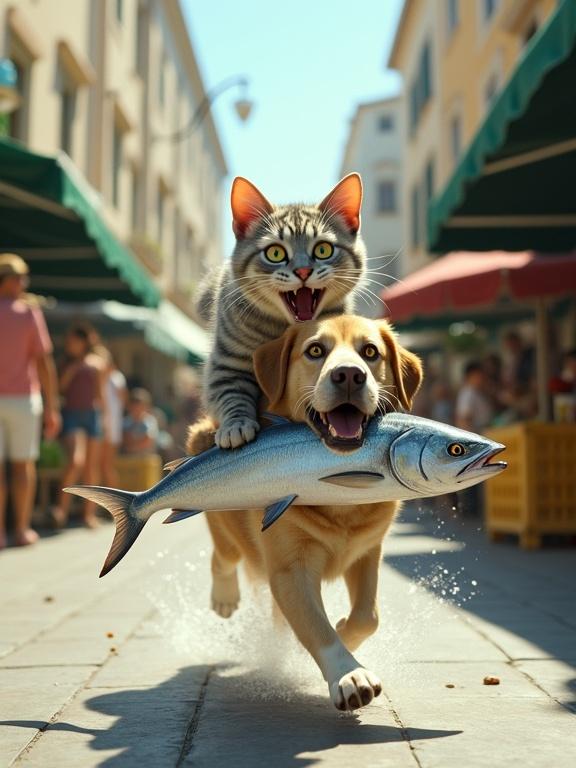 A cat rides a dog in a busy marketplace. Cat is light gray with darker stripes, wide-open yellow-green eyes, gripping a big fish. Dog is light tan, joyful expression, running fast and splashing water. Market features green awnings and people in summer clothing. Bright, energetic atmosphere with exaggerated cartoonish style.