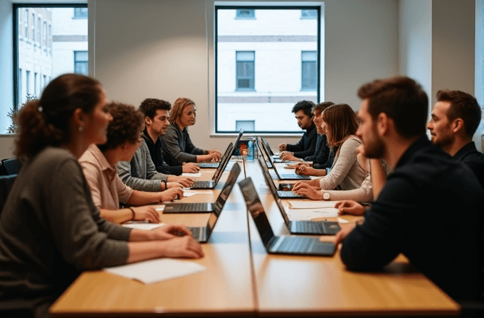 A group of people in a meeting room sitting at a long table with laptops.