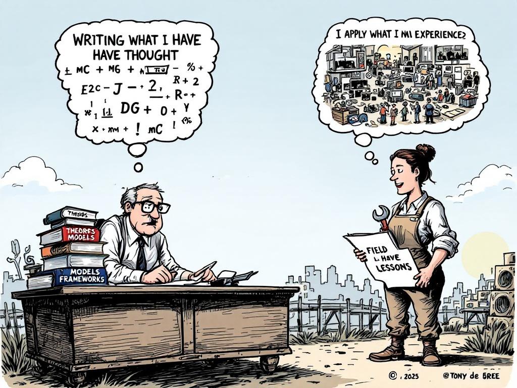Landscape cartoon depicting a serious academic man writing at a desk full of books and a practical female leader holding a wrench. The academic's thought bubble contains equations while the leader's shows real-life experience.