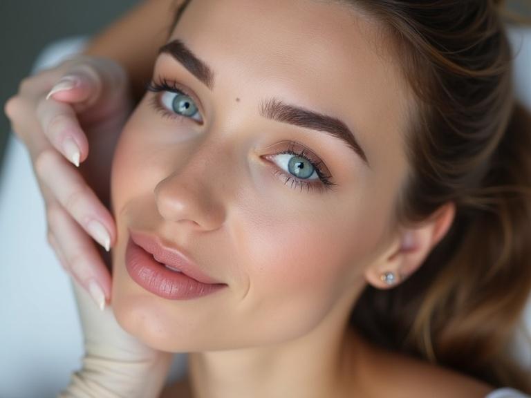 Kundin bei einer 3d microblading Behandlung. Close-up portrait of a woman with natural makeup and elegant hairstyle. Soft lighting highlights her features.