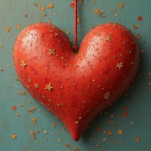 3D rendering of a large red heart. Heart covered in red glitter and gold stars. Heart hangs from a rope. Background is a turquoise color. Focus on shiny textures.