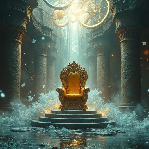 Majestic throne floats in mid-air surrounded by a frozen explosion of time, antique clocks shatter, gears melt, glass shards hang motionless in the air, time waves and golden light warp around, creating a surreal and dramatic atmosphere resembling epic fantasy art with ultra-detail.