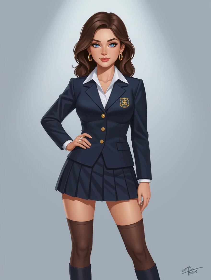 Full body female character in a school uniform. Dark brown hair styled in a messy shoulder-length cut. Navy blue blazer with a logo, white shirt underneath, and a padded skirt. High-knee socks complete the look. The eyes are liquid blue and ultra realistic. The character has a plump body with wide hips and an extra belly. Bright and flashy earrings highlight the character's style. The illustration features smooth lines, a comic book style, and ultra-detailed elements.
