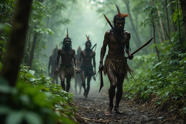 Small group of tribal hunters moves through dense forest. Bodies covered in mud and ash. Dressed in tattered skins and feather ornaments. Eyes vigilant and scanning surroundings. Each armed with crude weapons. Low ground-level perspective through underbrush. Misty air and distant animal calls create an intense atmosphere.