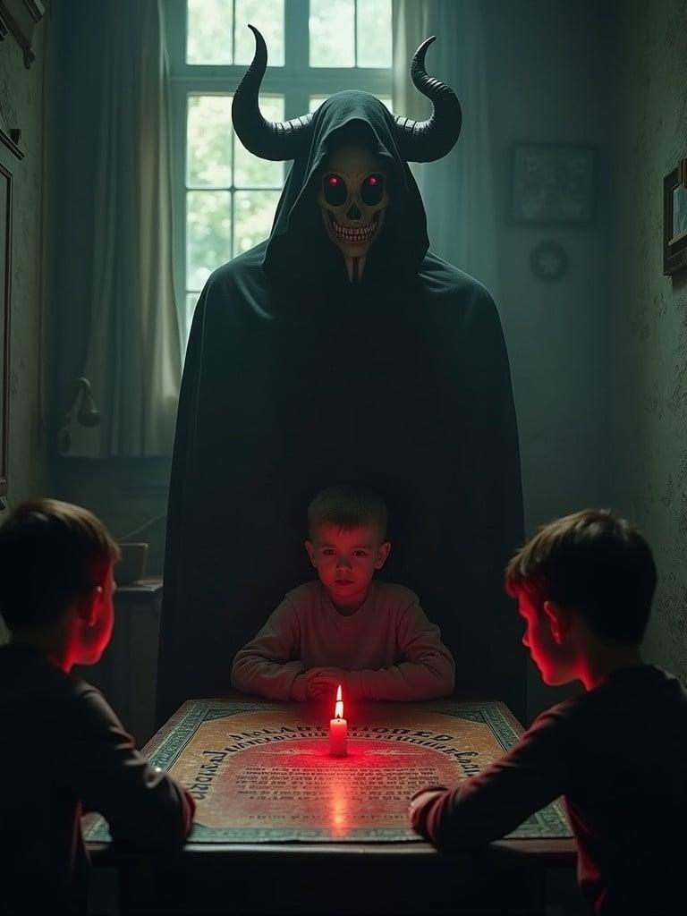 A dark room with two boys looking at a Ouija board. A cloaked figure with horns stands behind them. A red candle flickers between the boys on the table. The atmosphere is eerie and suspenseful.