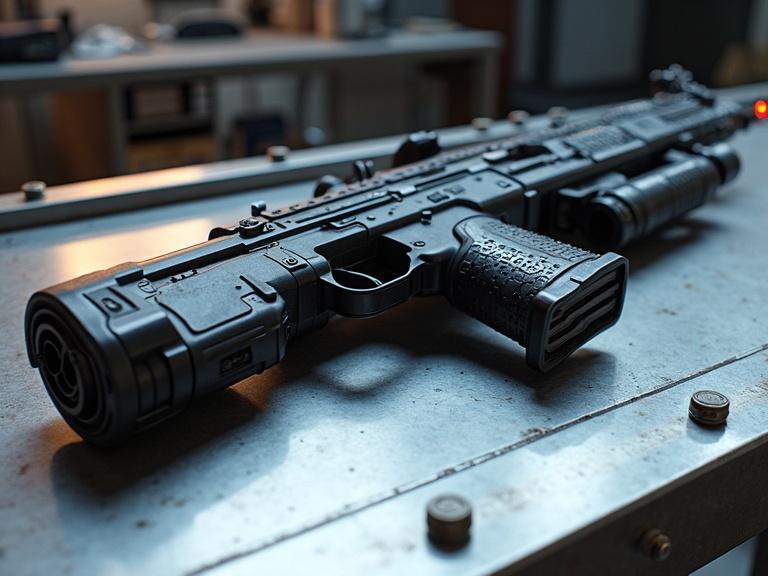 Bulky and sleek sci-fi rifle placed on a silver metal table. Includes details like LEDs, clips, and bullets. Features textures and shadows for realism.