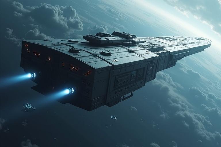 Cinematic view from beneath a large military sci-fi starship. Wide rectangular shape with detailed textures and sleek design. Blue engines emitting light. Small dropships emerging from the starship's bottom in a cloudy troposphere.