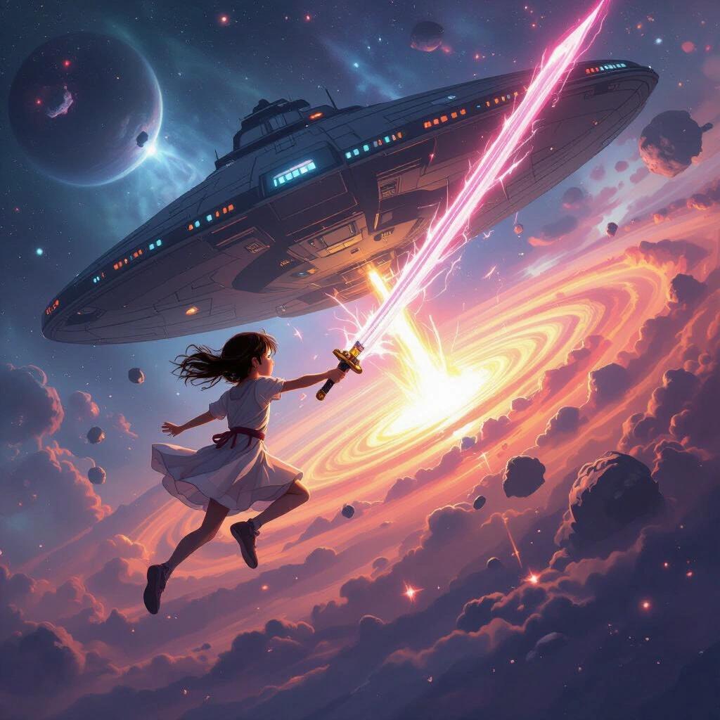 Young girl wearing a dress flies through galaxies in iaido pose. She slashes a giant plasma sword through a looming alien spacecraft that splits in half.