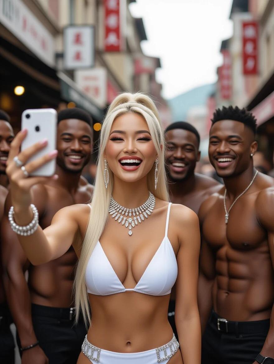 Asian model wears a white bikini with a high blonde ponytail. She has heavy crystal jewelry and bright makeup. The model is laughing while taking a selfie. A group of muscular black friends surround her. The scene is on a narrow street in a cyberpunk setting.