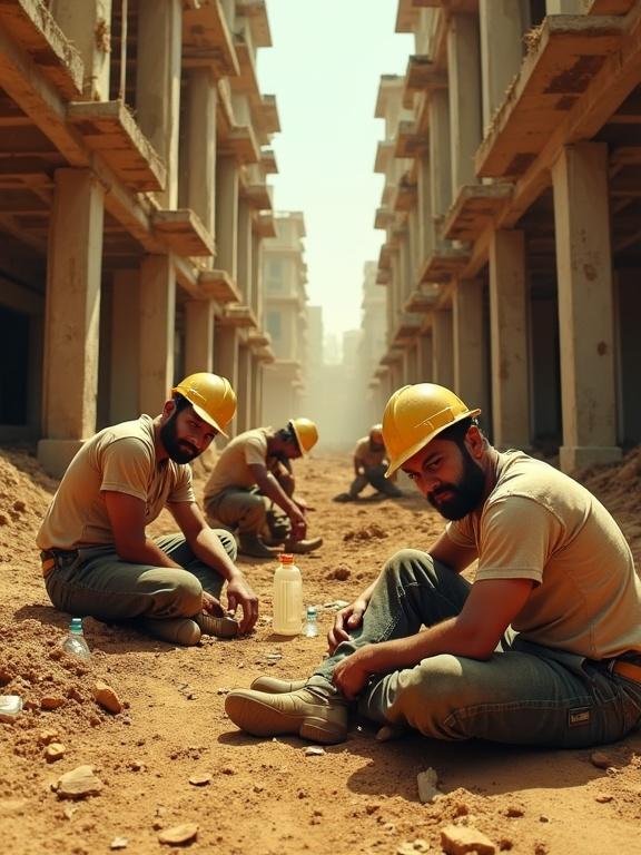 Distant view of male construction workers at building site. Workers wear stained uniforms and helmets. Some workers sit on ground while others work. Their fatigue is evident. Water bottles are nearby. Bright sun and dry sky overhead. Emphasis on harsh labor conditions and effort.