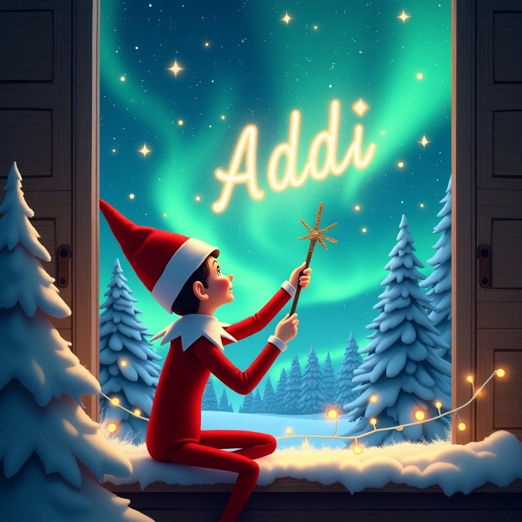 Elf on the Shelf on a windowsill with back to viewer. Gazing at northern lights. Holding wand to craft name Addi in sky. Snowy trees frame the scene. Twinkling lights create a festive atmosphere. Colorful artwork for Christmas spirit.