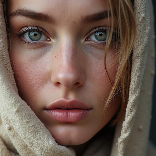 Close-up portrait of a young woman with striking blue eyes wearing a soft beige scarf. Her natural beauty is highlighted and she looks directly at the viewer.