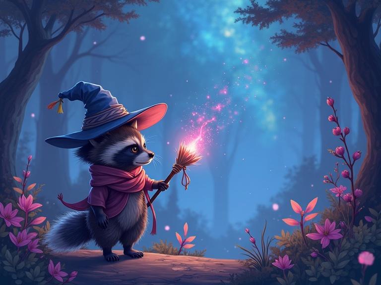 Cute Chibi raccoon adventurer holding magical staff in mystical forest at night. Character wears large wizard hat. Magical elements include rainbow sparks and luminescent smoke. Surrounded by fairy lights, fireflies, and glowing flowers. Enchanting atmosphere evokes adventure and mystery. Stunning blend of Manga and Anime styles.