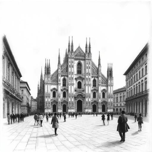 Pencil sketch depicting Piazza del Duomo in Milan from the 19th century. The scene is devoid of people, focusing on architectural details and structure.