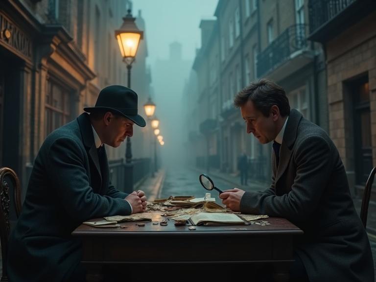 Foggy Victorian street with gas lamps and cobblestones. Two men at a desk. One examines with a magnifying glass. Clutter includes a notice and photograph. Reflects mystery and deduction.