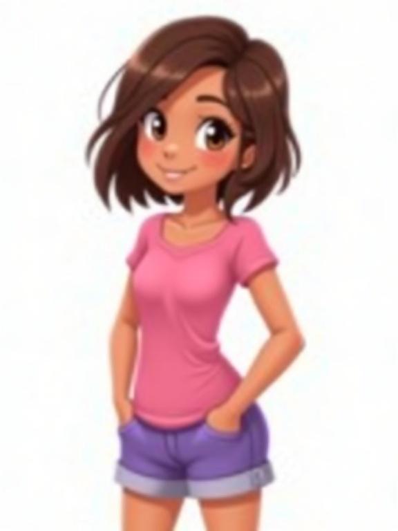 A teenage girl with brown hair wearing a pink top and purple shorts. The girl has brown eyes and freckles with a relaxed pose hands in pockets. The background is white and style is inspired by Plantra's high quality art.
