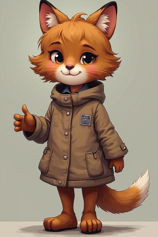 Cute anthropomorphic fox character in a coat. The character has a playful expression and is standing with a thumbs up. Focus on front view.