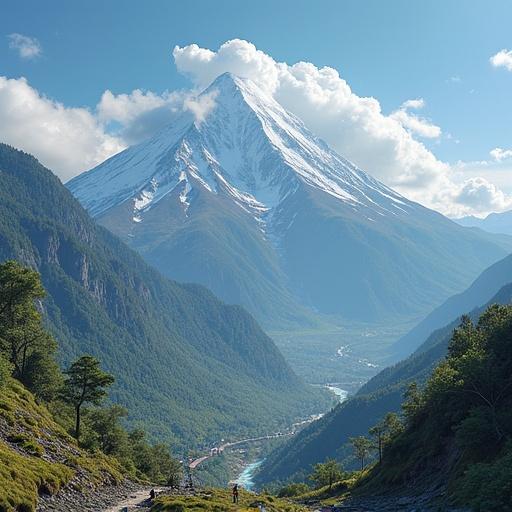 A campsite in a mountainous area near a lake with a prominent snow-capped peak in the background, surrounded by lush vegetation and a clear blue sky.