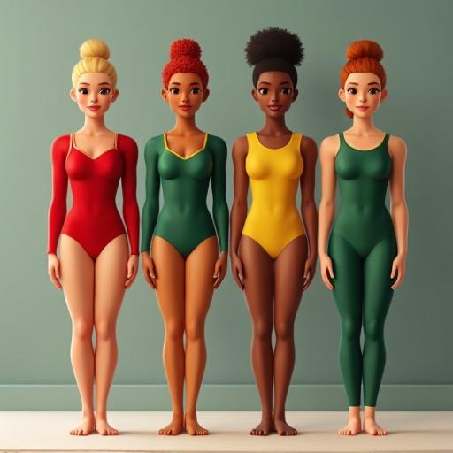 Four cartoon gymnasts standing side by side. First a blonde woman in a red swimsuit. Second a redhead in a green swimsuit. Third a black girl in a yellow swimsuit. Finally an Asian girl in a green swimsuit.