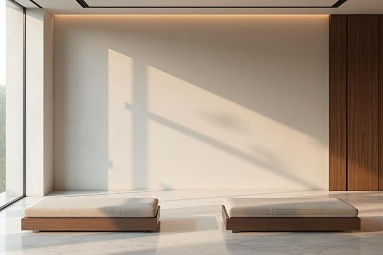 A photo shows a reception area with tall walls. Two benches with cushions are positioned in front. Soft light creates gentle shadows on the floor.