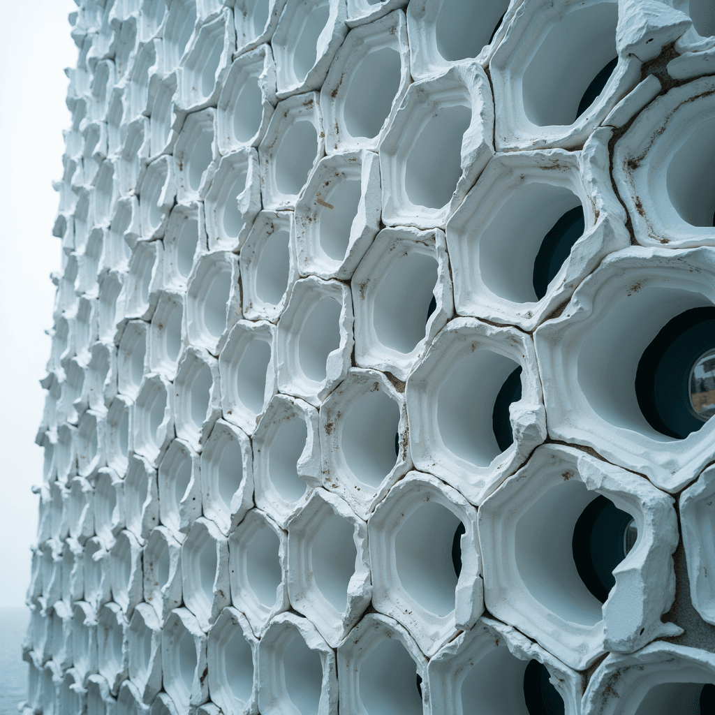 A close-up view of a wall with a geometric honeycomb pattern.