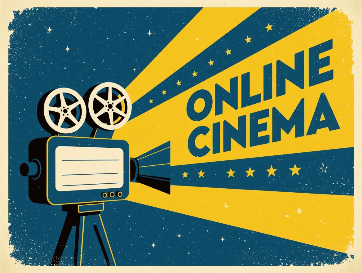 A retro-styled film projector against a deep blue and light yellow background. Bold text 'ONLINE CINEMA' on the right side. Emphasis on vintage design and cinema theme.