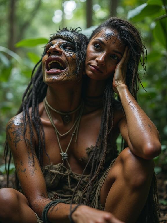 Below view perspective of a tanned young Slavic woman in rainforest. She appears joyful and tired, adorned with sweat and dirt, petting a big friendly worm creature. The setting is lush with foliage, highlighting the interaction and natural environment. The woman wears a tattered loincloth and has a striking expression.