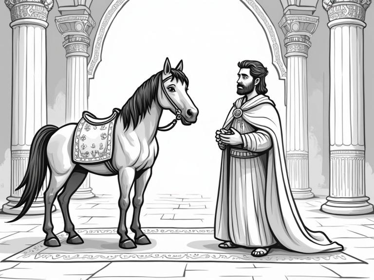 Illustration for a children's story in black and white. A royal hall filled with marvels. A wise Persian presents a life-sized wooden black horse to the Persian king. The horse has elegant features and crystal eyes with a silver saddle. Soft style with warm tones. Background features columns, a red carpet, and curious Persian courtiers in a horizontal format.