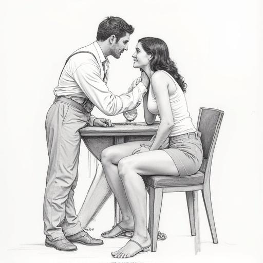 Full body view of a man and woman interacting playfully at a table. Background is white. Drawing style inspired by Andrew Loomis.