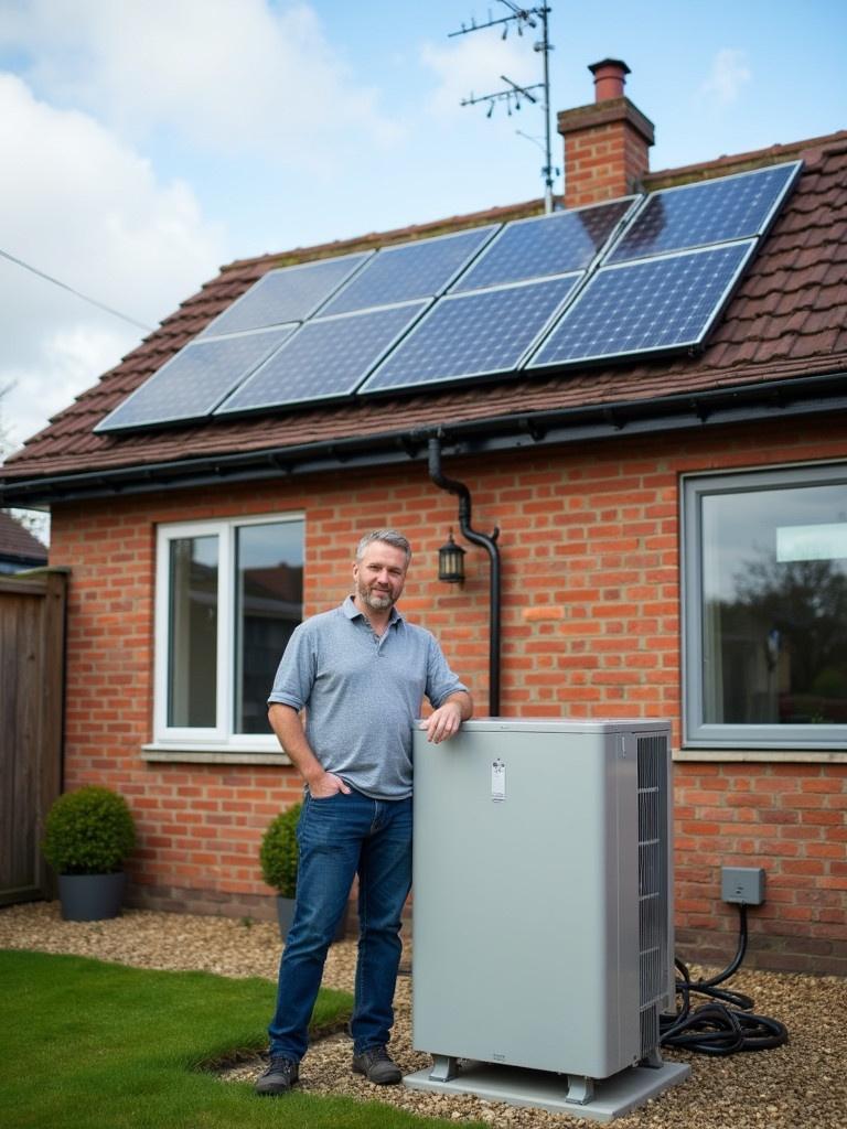 Image shows solar panels and a heat pump on a UK home. A homeowner stands beside the correctly sized heat pump. The renewable energy system is neatly installed. The heat pump does not block a window or pathway. Solar panels fit within the roof space.