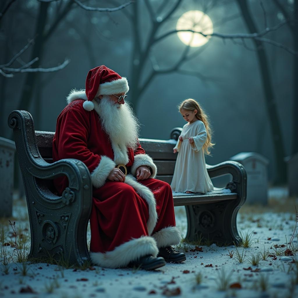 Father Christmas sitting on a bench in a cemetery. A spirit appears beside him. Graveyard setting. Moon visible in the background. Overcast sky. Childlike spirit features. Tension between Christmas joy and a spooky ambiance.